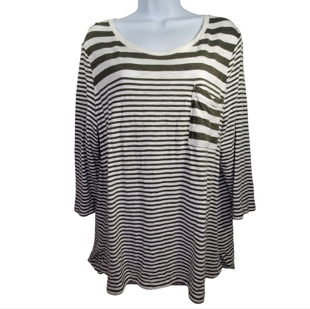 CHICO'S Ultimate Tee White Gray Stripe 3/4 Sleeve Sz XL Pocket Scoop Neck